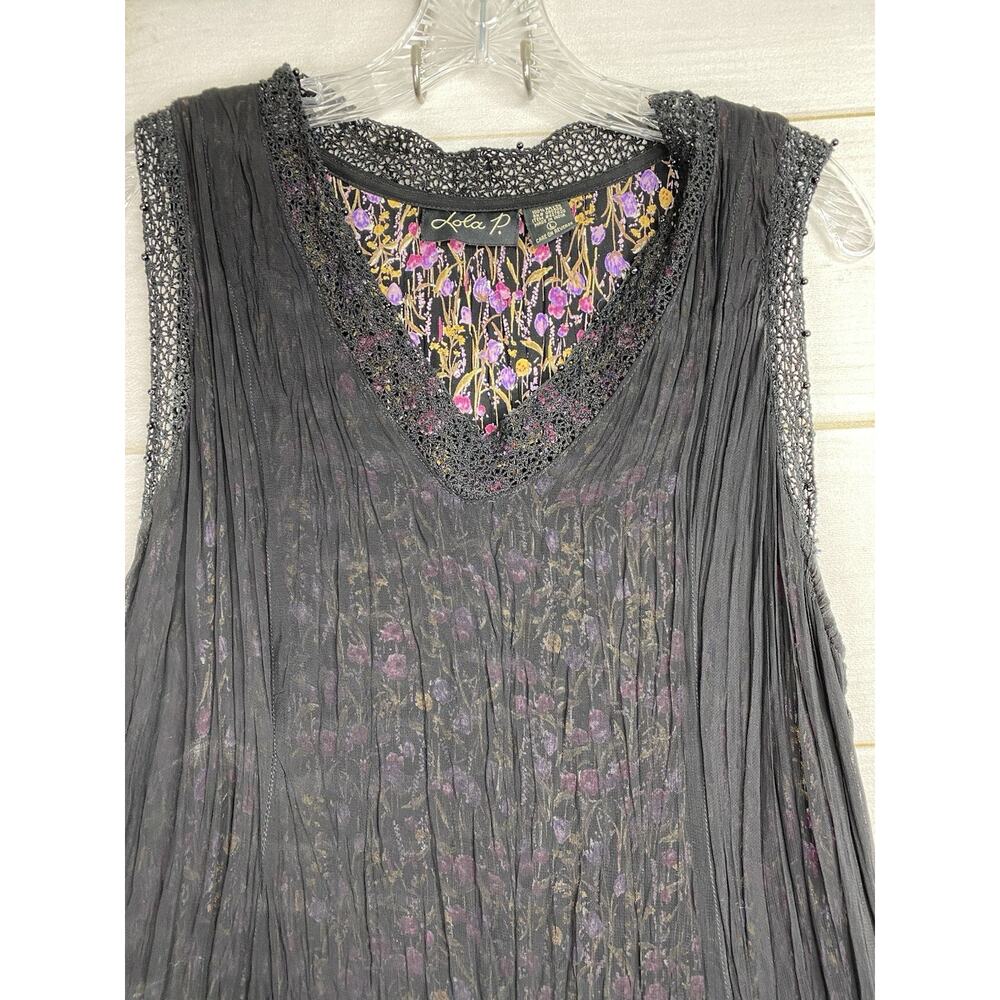 Lola P Floral Maxi Dress L Black Lined Layered Crinkled Sleeveless Whimsygoth - Picture 5 of 10